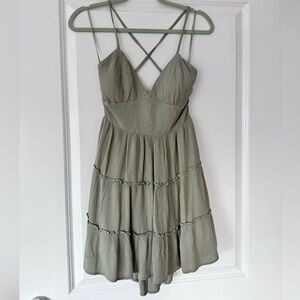 Hollister Light Green Baby Doll Open Back V Neck Tiered Mini Dress